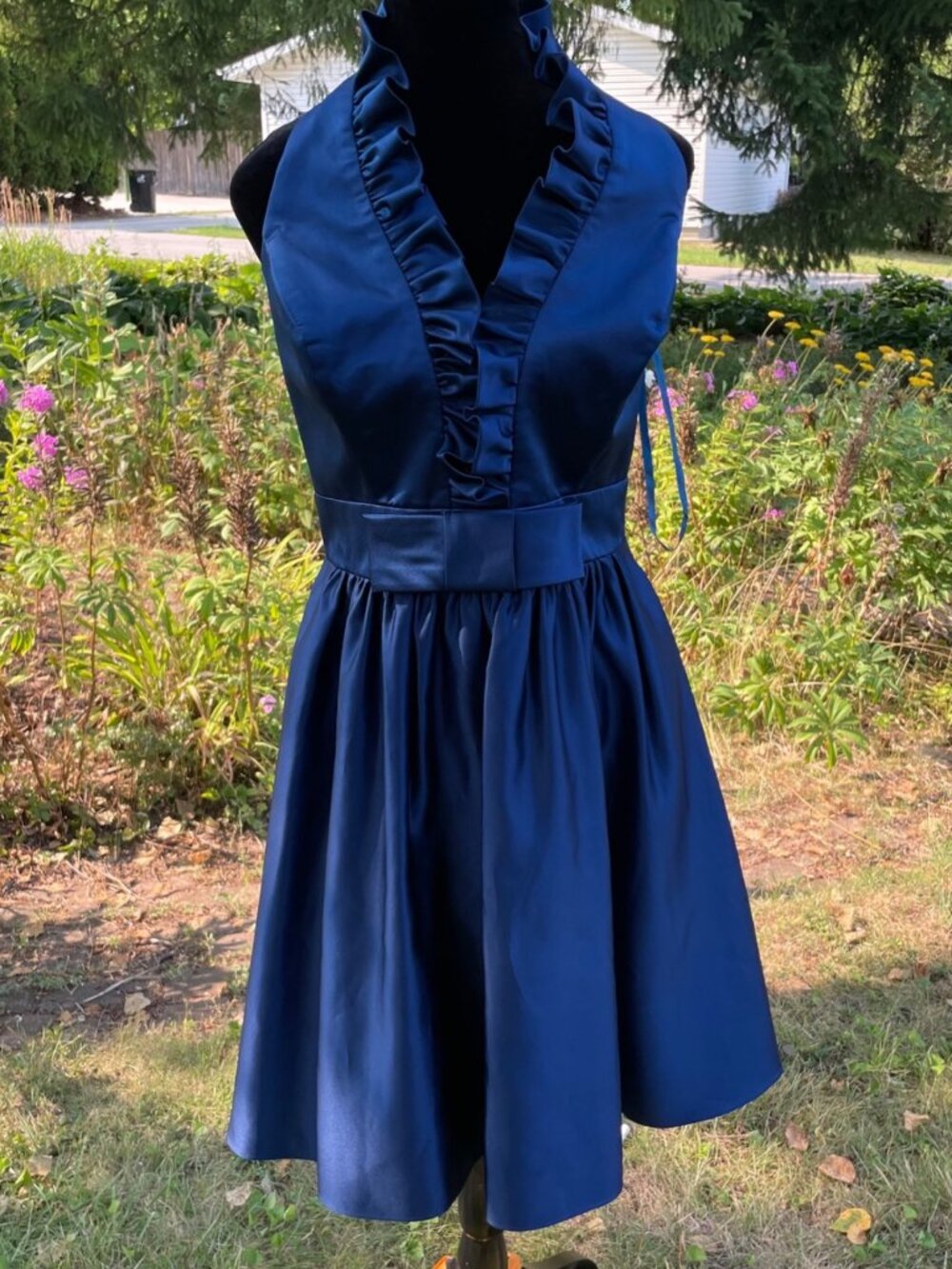 Vintage Y2K Allure Mini Dress Halter Ruffle Navy 16 Satin Hoco Formal Coquette